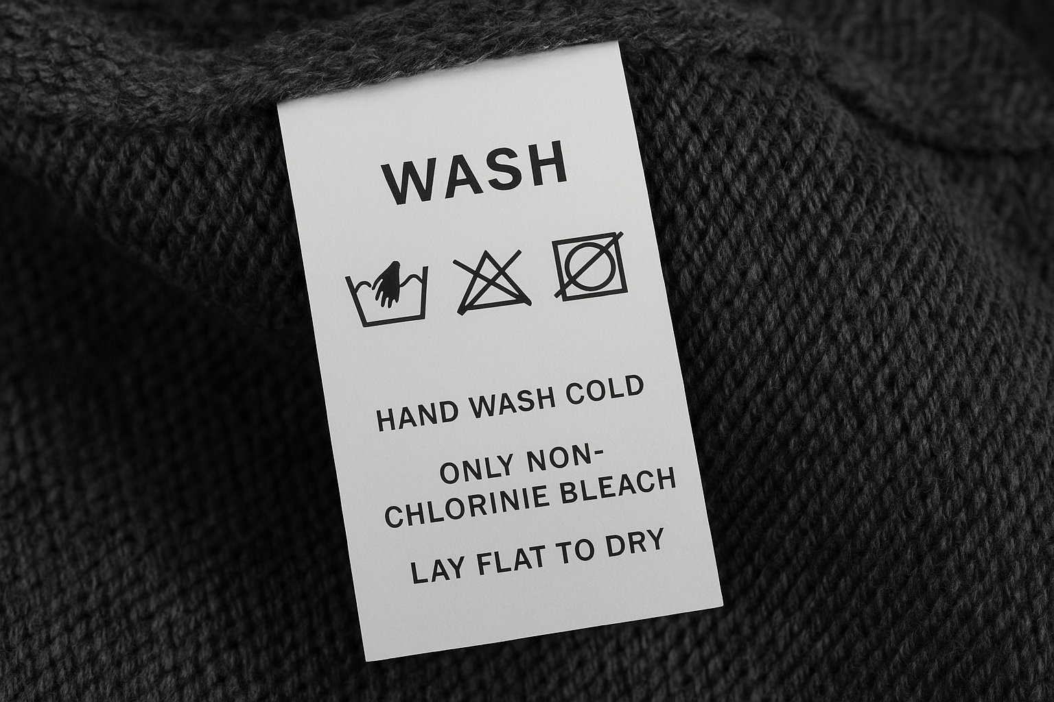 A close-up of a sweater's hangtag with clear washing instructions.